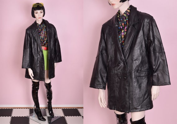 90s Black Patchwork Leather Coat/ XXL/ 1990s/ Jack