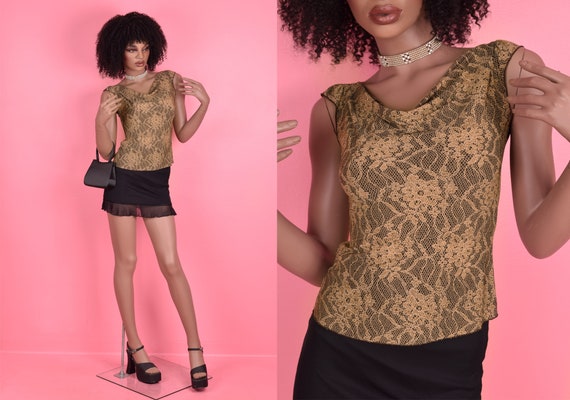 90s Y2K Floral Lace Print Top/ Medium - image 1