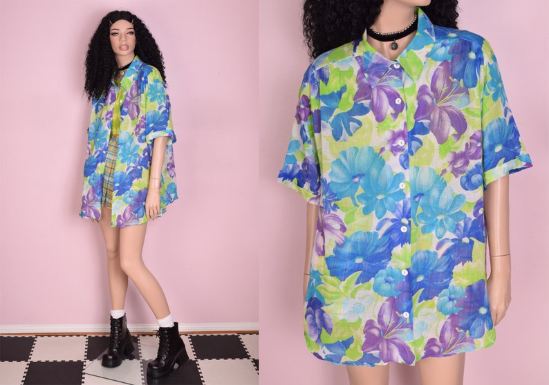 90s Floral Print Blouse XXL 1990s Short Sleeve Button Down