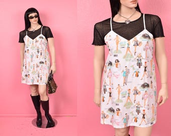 Vintage 00s Nicole Miller Paper Doll Print Lounge Nighty Dress/ Large/ 2000s/ Tank/ Sleeveless