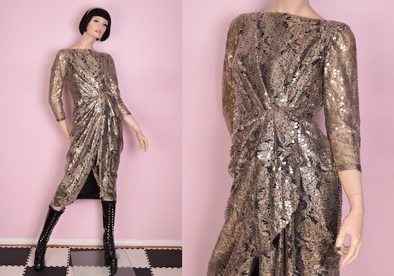 80s Champagne Sequined Lace Dress/ Small/ 1980s/ T