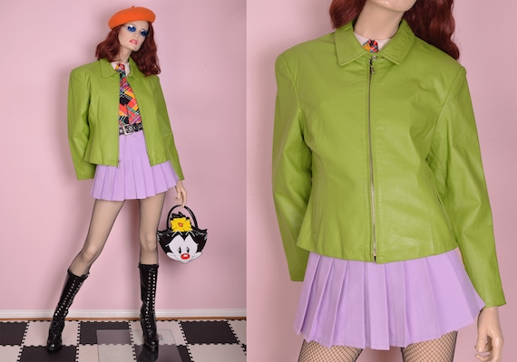 90s Lime Leather Jacket/ Large/ 1990s