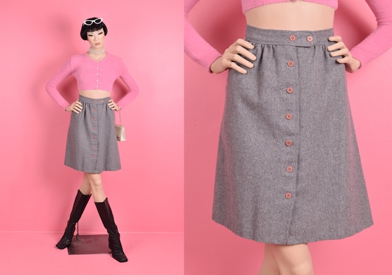 70s 80s Herringbone Button Down Skirt/ Medium-Lar… - image 1
