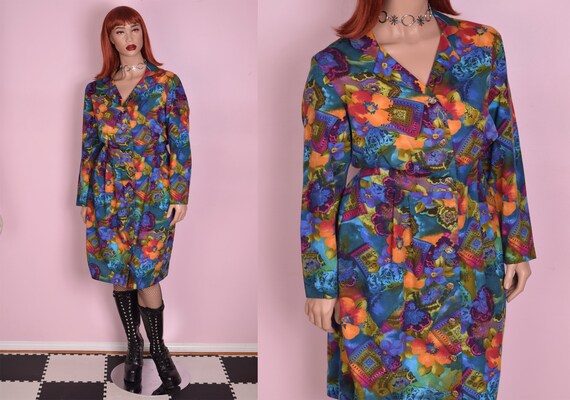 80s Colorful Floral Print Button Down Dress/ US 16