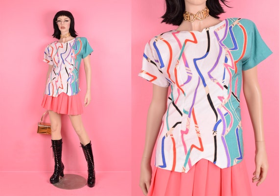 Vintage 80s Colorful Abstract Pattern Top/ Large/… - image 1