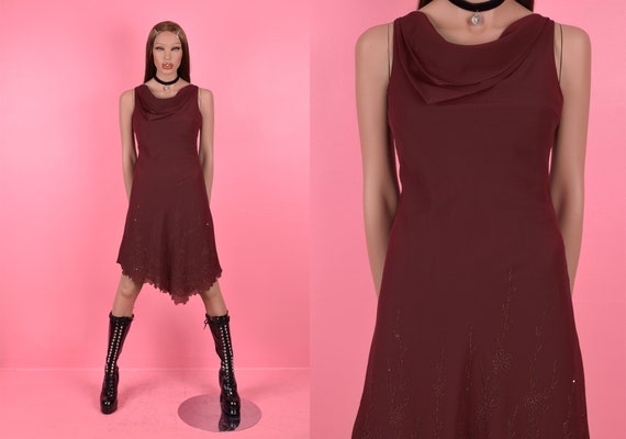 90s Y2K Maroon Floral Pattern Dress/ XS/ Sleevele… - image 1