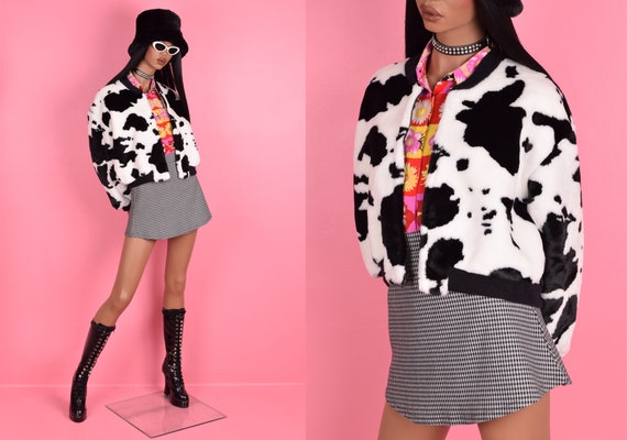 Vintage 90s Cow Print Faux Fur Bomber Jacket/ Medium/ 1990s - Etsy