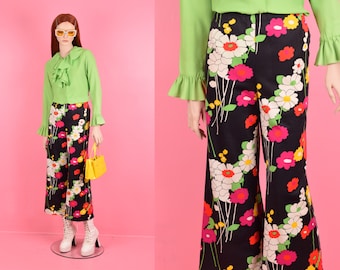 Pantalones vintage con estampado floral colorido de los años 70/Talla mediana/Años 70