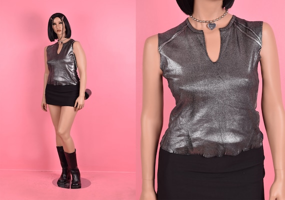 00s Deadstock Black and Silver Metallic Coated Sh… - image 1