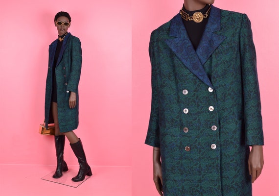 80s Green, Blue and Black Double Breasted Coat/ L… - image 1