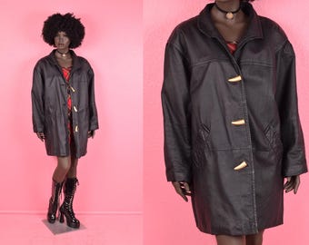 Vintage 80s Black Leather Coat/ 2X/ 1980s/ Jacket