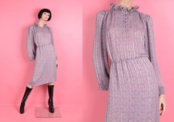 70s Striped Floral Print Dress/ Medium-Large/ 197… - image 1