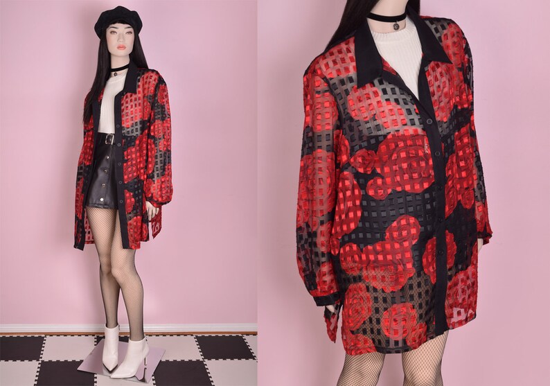 90s Sheer Rose Print Blouse 2X 1990s Long Sleeve Button Down