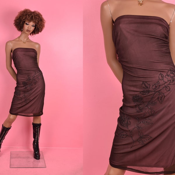 90s 00s Brown and Pink Mesh Strapless Floral Beaded Dress/ Medium/ 1990s/ 2000s