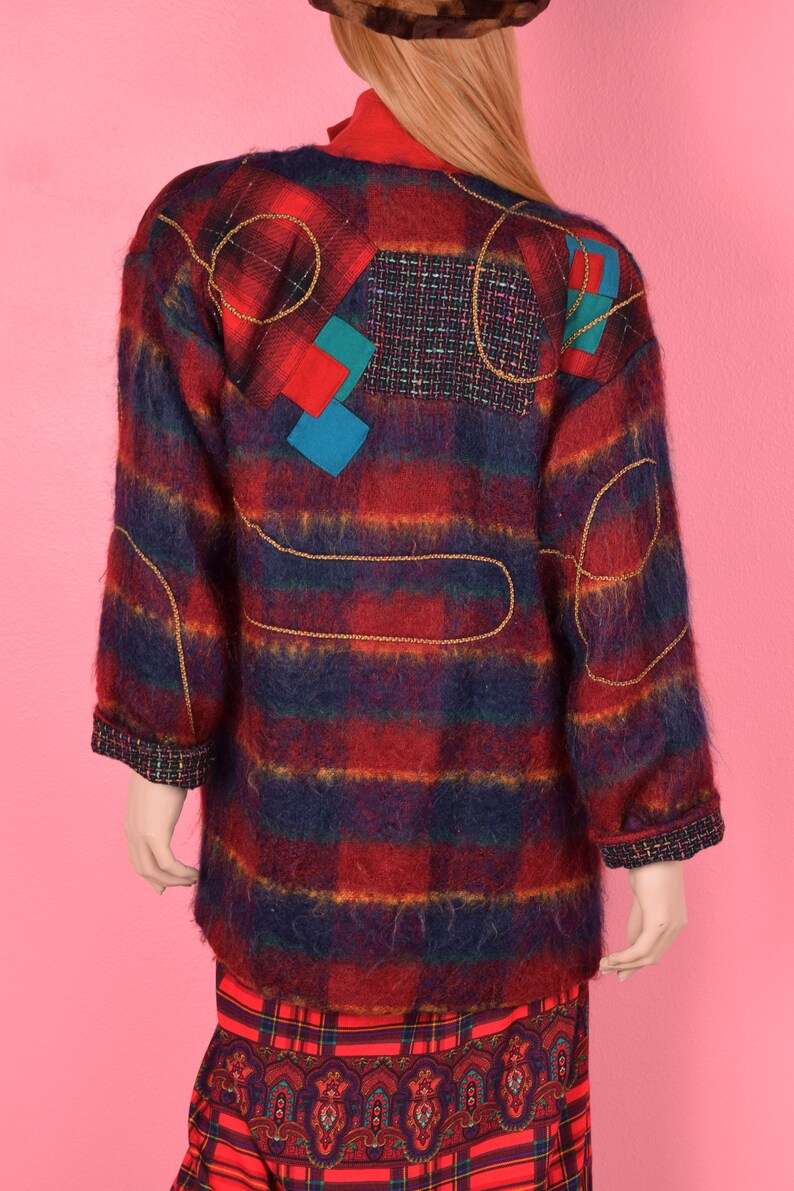 80s Plaid Patchwork Mohair Coat/ XS/ 1980s image 2