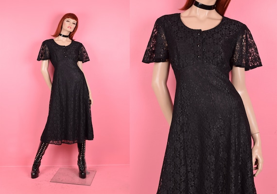 80s 90s Black Floral Lace Dress/ US 10/ 1980s/ 19… - image 1