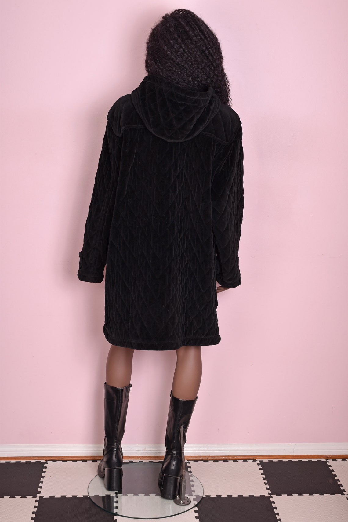 90s Black Quilted Velour Jacket/ Large/ 1990s/ Hooded/ Coat | Etsy