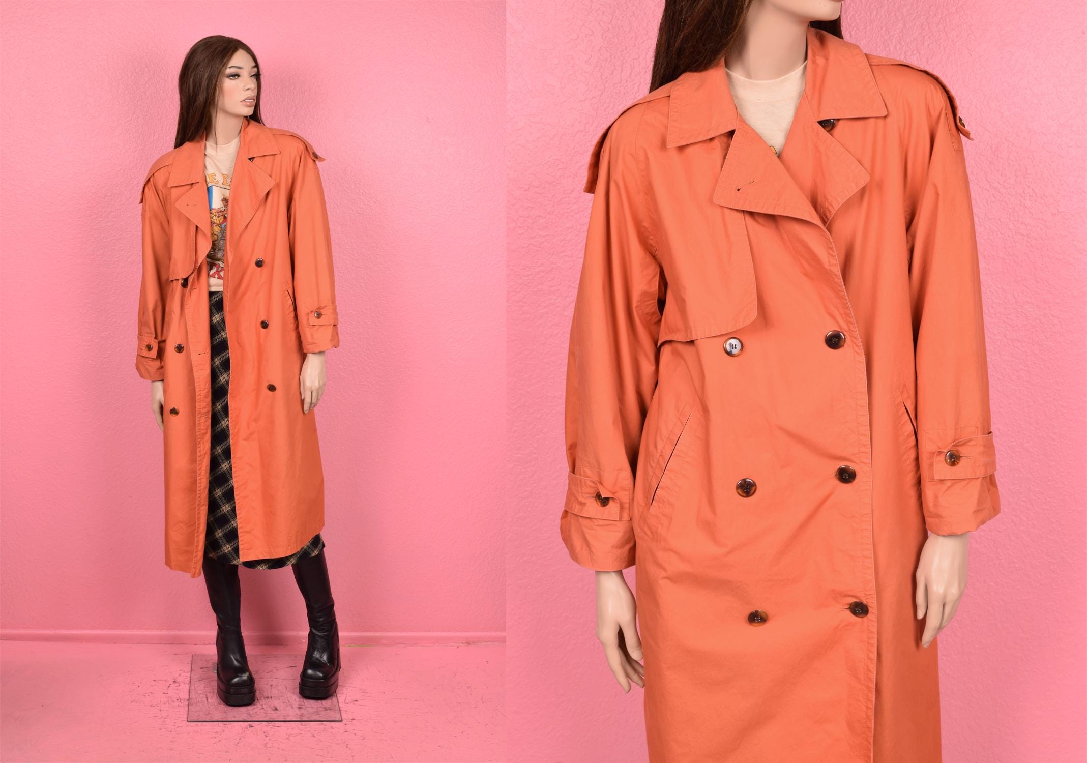 ジャケット・アウター Double Cloth Peach Trench Coat #size1 70s 1970s PINK PEACH Trench Coat Jacket | Double Breasted Button