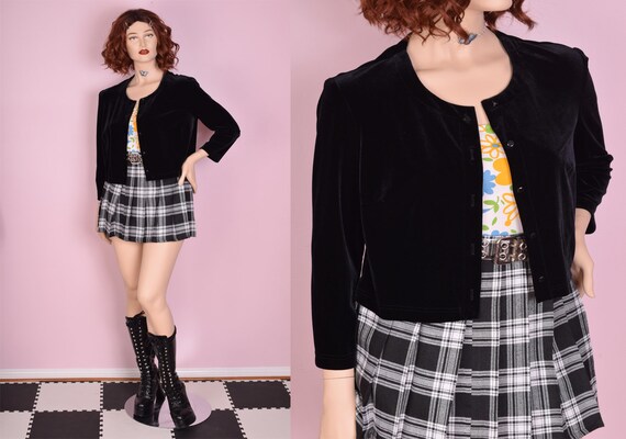 90s Black Velvet Cropped Cardigan/ US 12/ 1990s