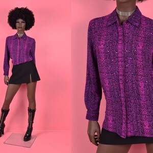 Vintage 90s Y2K Bedazzled Reptile Print Silk Blouse/ Small-Medium/ Long Sleeve/ Button Down