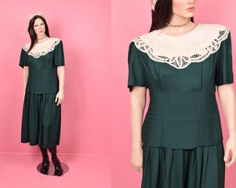 Vintage 80er Jahre Floral Lace Kragen Kleid/ 1980er Jahre