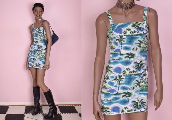 90s Tropical Print Mini Dress/ US 5/ 1990s/ Tank/