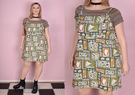90s Hawaiian Print Mini Dress/ XL/ 1990s/ Tank/ Sl
