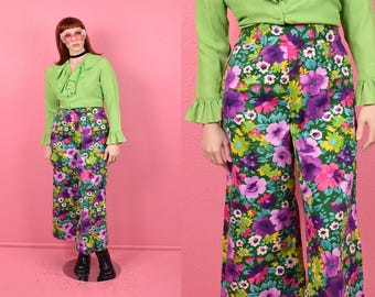 Vintage 70s Floral Print Wide Leg Pants/ Large/ 1970s