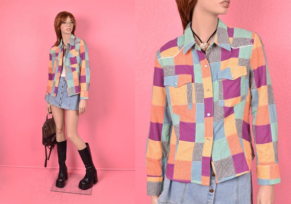 Vintage 90s 00s Deadstock Patchwork Gingham Blous… - image 1