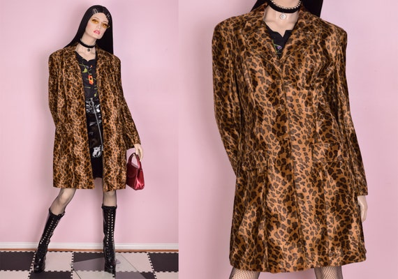 90s Fuzzy Leopard Print Coat/ Large/ 1990s/ Jacket