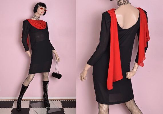 80s Black and Red Sheer Dress/ US 3-4 