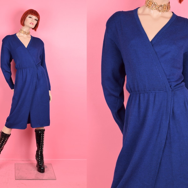 80s St. John by Marie Gray Knit Wrap Dress/ US 10/ 1980s/ Long Sleeve