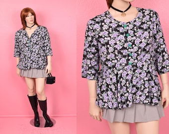 Top peplum con estampado floral vintage de los años 80 y 90/ tallas L-XL/ años 80 y 90