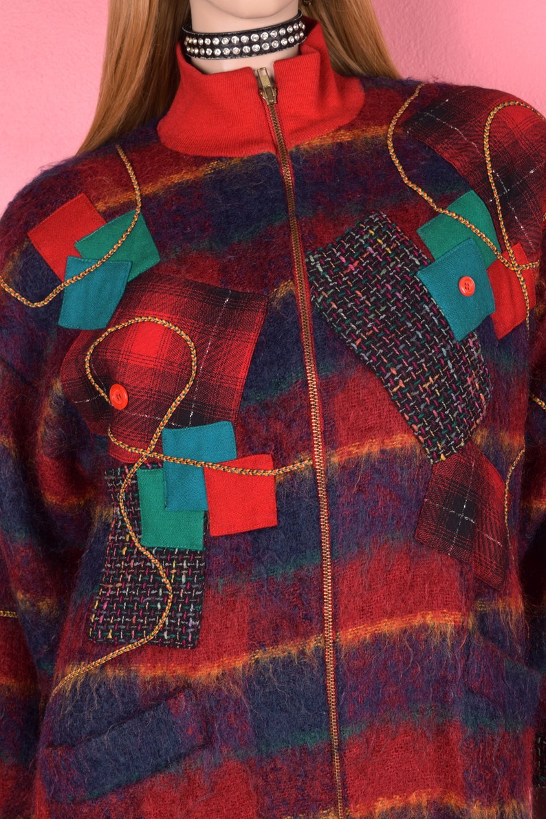 80s Plaid Patchwork Mohair Coat/ XS/ 1980s image 3
