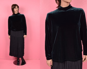 Vintage 90s Deep Blue Green Velvet Mock Neck Top/ Large/ 1990s/ Long Sleeve