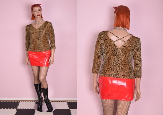 90s Cheetah Print Velvet Top/ Large/ 1990s