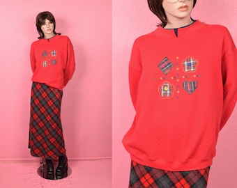 Sudadera vintage de los 80 con estampado de cuadros y patchwork bordado / Talla XL / Años 80