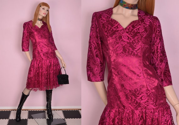 80s Floral Lace Party Dress/ Medium/ 1980s