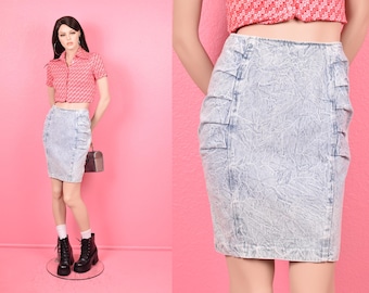 Vintage 80s Acid Wash High Waisted Skirt/ Small/ 24 Waist/ 1980s/ Denim