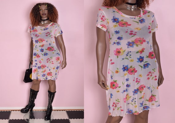 90s Floral Print Mesh Dress/ Large/ 1990s