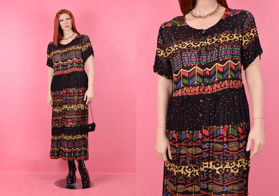 Vintage 90s Multi Pattern Colorful Button Down Dr… - image 1