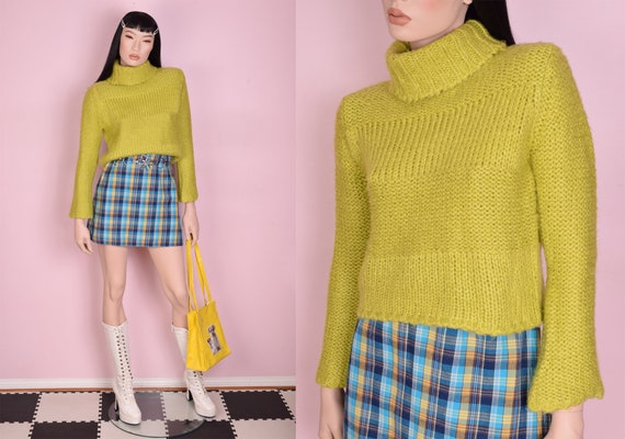 90s Y2K Green Chunky Knit Cropped Sweater/ Small/