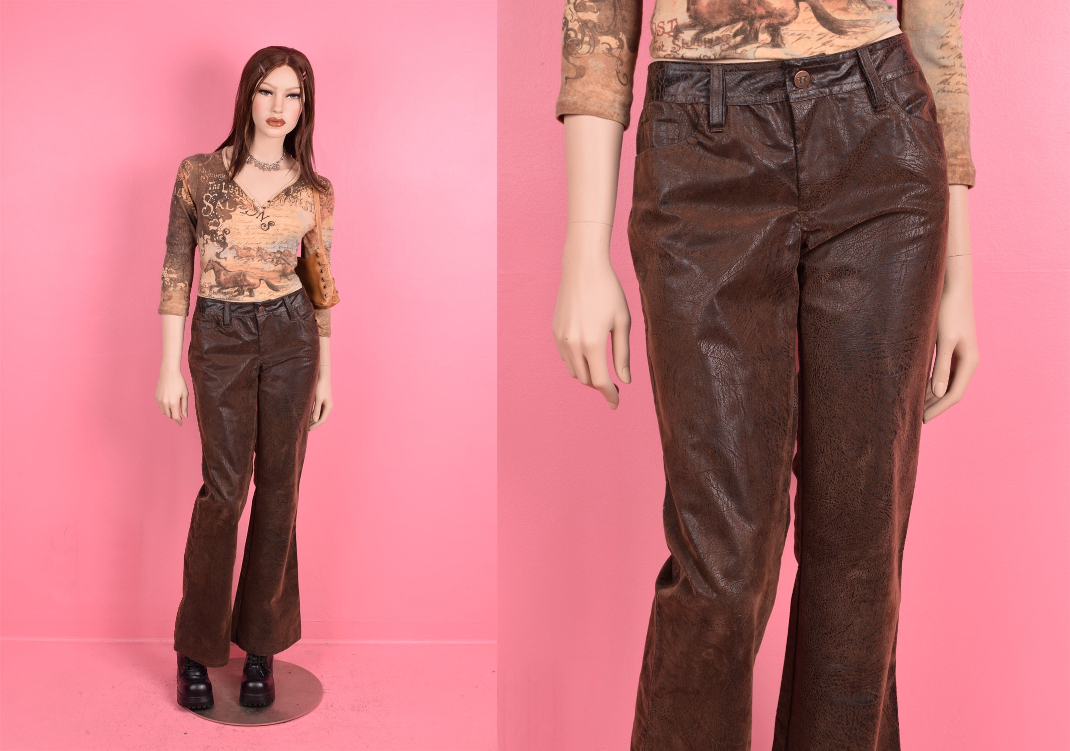 Vintage 90s 00s Faux Leather Flocked Flared Pants/ US 9/ 1990s