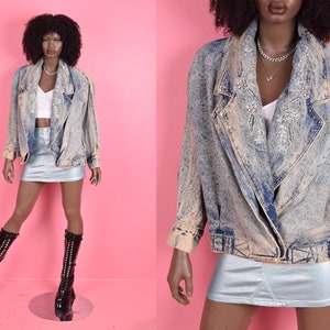 80s Acid Wash Embroidered Denim Jacket/ Large/ 1980s