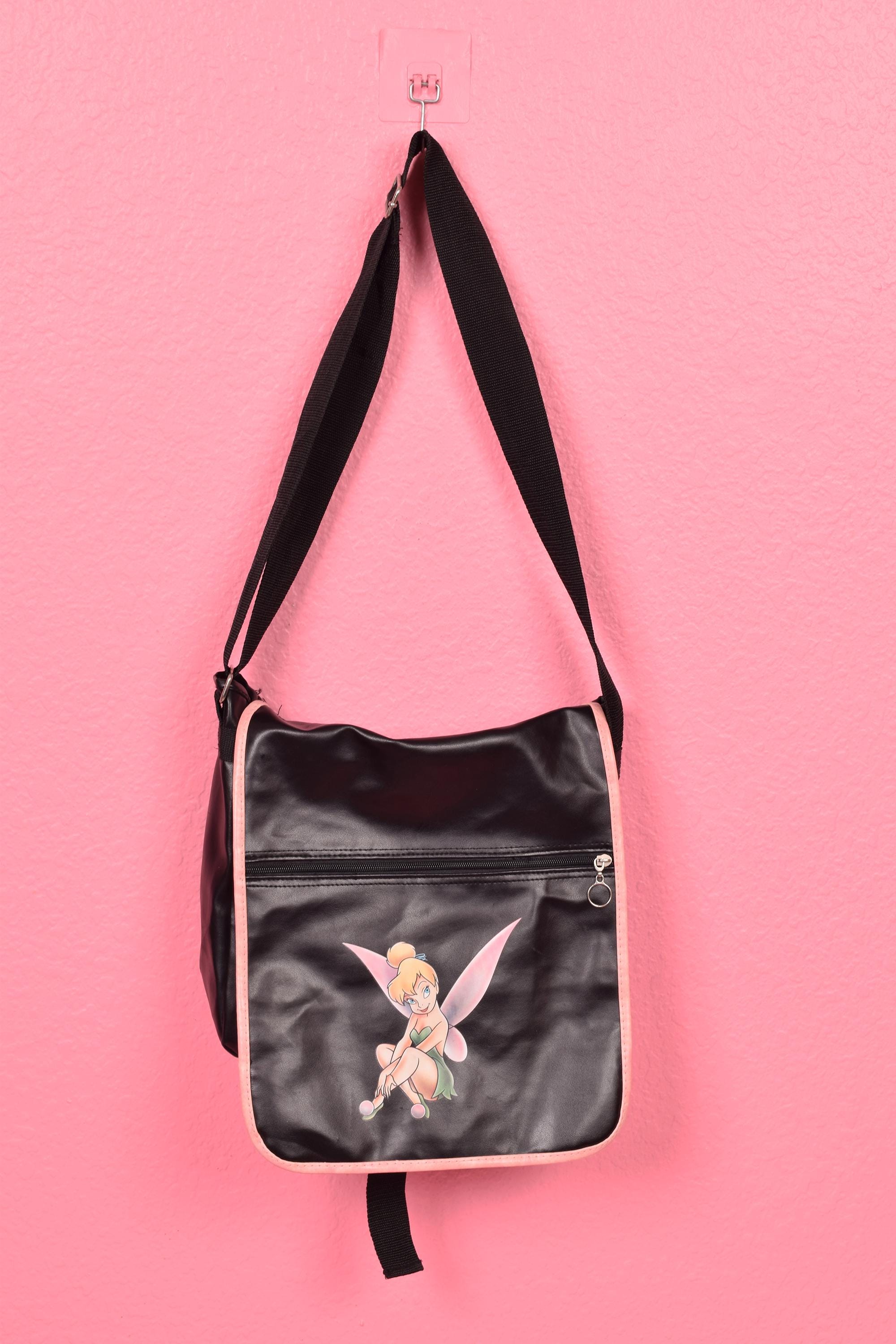 Vintage 00s Tinker Bell Black and Pink Faux Leather Messenger Bag