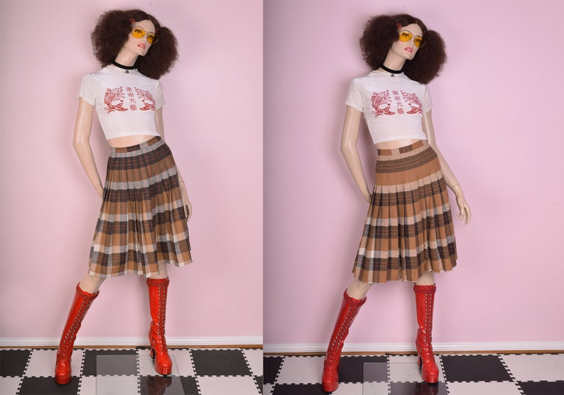 70s Reversible Plaid Skirt 25.5 Waist 1970s Pleated High Waisted