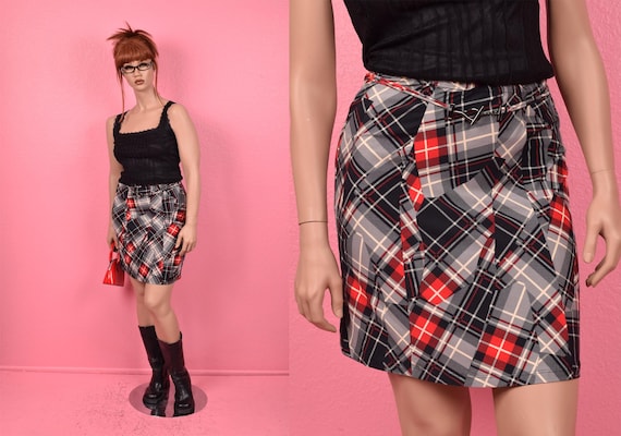Vintage 00s Plaid Patchwork Pattern Skirt/ Large/… - image 1