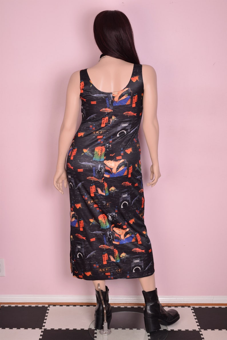 90s Asian Print Maxi Dress L-XL 1990s Tank Sleeveless