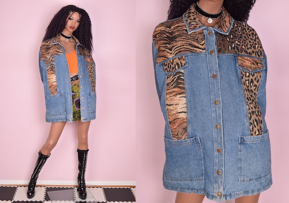 90s Animal Print Trim Puffy Denim Jacket/ 1X/ 1990