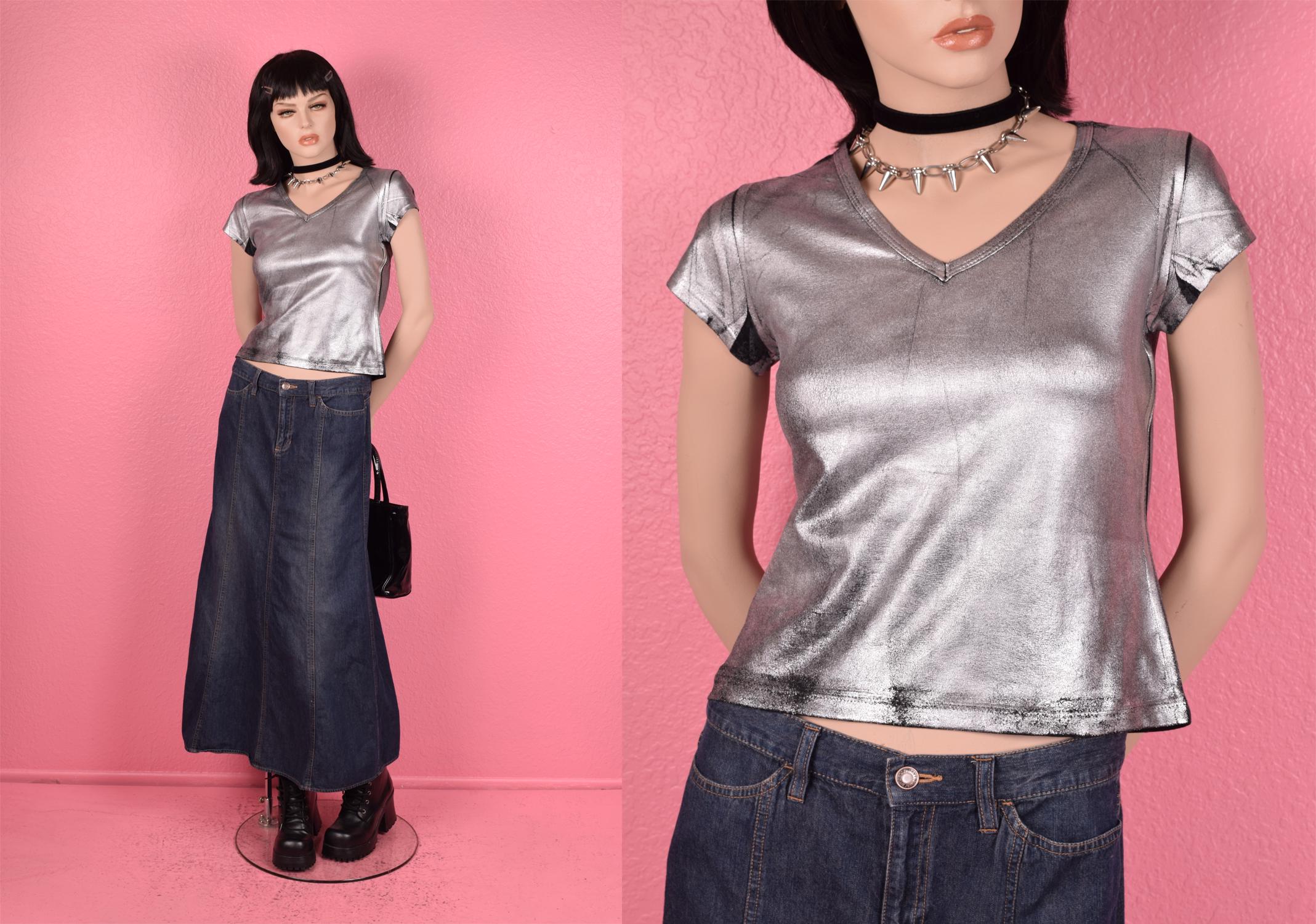 Vintage 00s Deadstock Black and Silver Metallic Coated Shirt